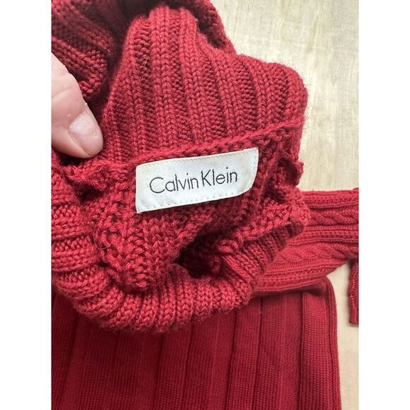 Calvin Klein Women’s Red Wool Blend Sweater Long Size Medium Chunky Knit - Picture 4 of 7